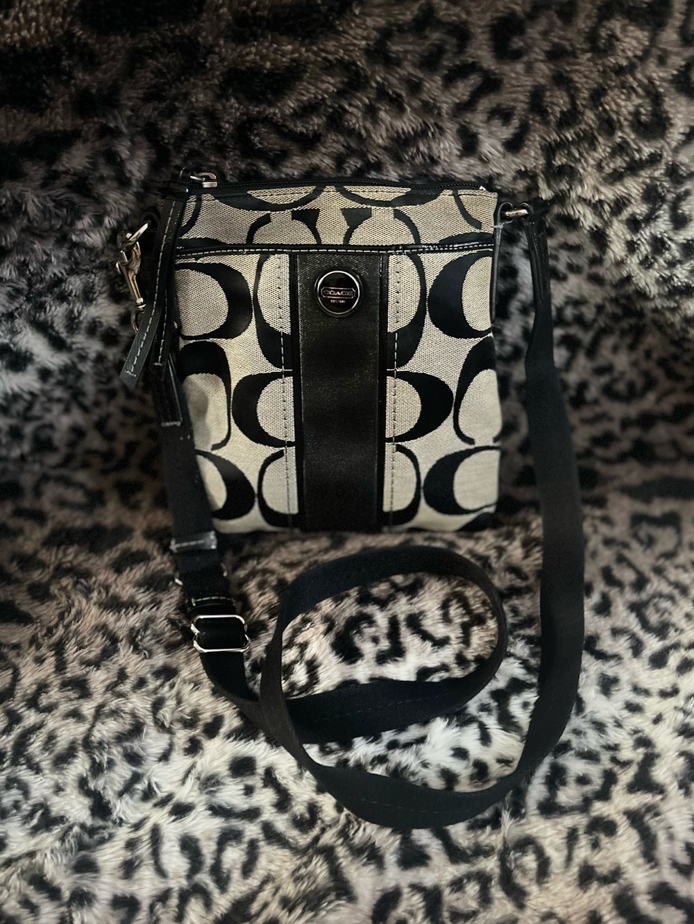 Coach Black & Cream Signature Crossbody with Center Leather Stripe